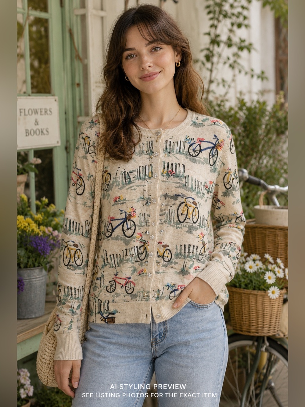 Charter Club Bicycle Cardigan Jacket Cream Cottagecore Whimsical Women’s L